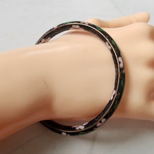 Cloisonné Enamel Floral Flower Black Bangle Bracelet VTG Chinese Export 1970's